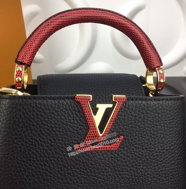 lv路易威登專櫃2022新款CAPUCINES迷你手袋 lv粒紋Taurillon小公牛皮手提包 N94048黑色 ydh4994